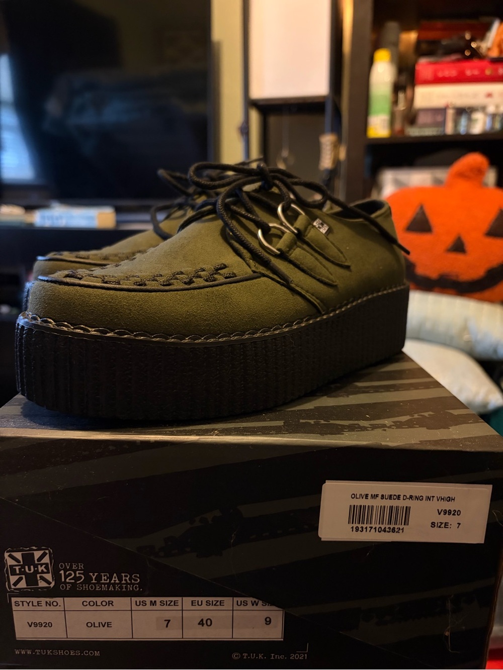 T.U.K Olive Suede Platform Creeper with Black Sole